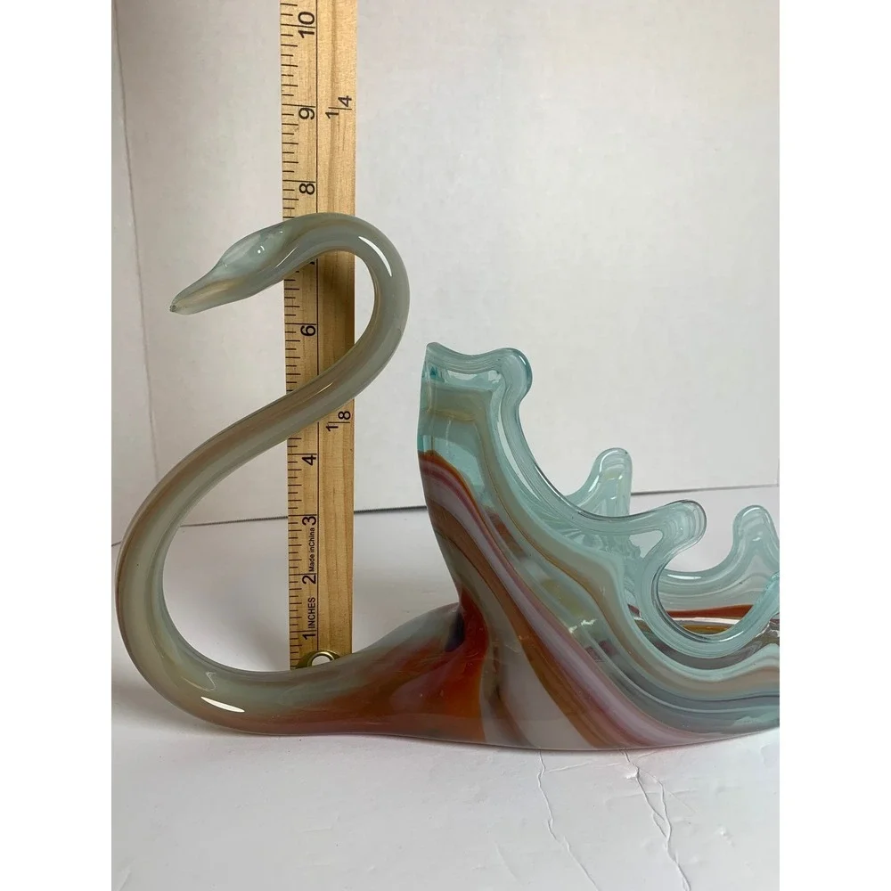 Vintage Hand Blown Art Glass‎ Swan Bowl Multi Color Slag Glass Centerpiece 13